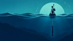 Duotone editorial illustration of a surface ocean buoy above rolling waves, with a glowing circular backdrop and a cylindrical underwater sensor suspended below in deep blue water.