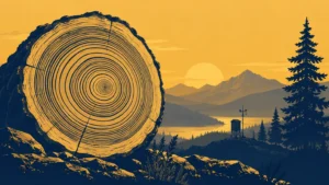 Duotone editorial illustration of a large cut tree trunk with sharply visible growth rings beside a mountain lake at sunset, with dark evergreen silhouettes and a small weather-monitoring tower in the distance.