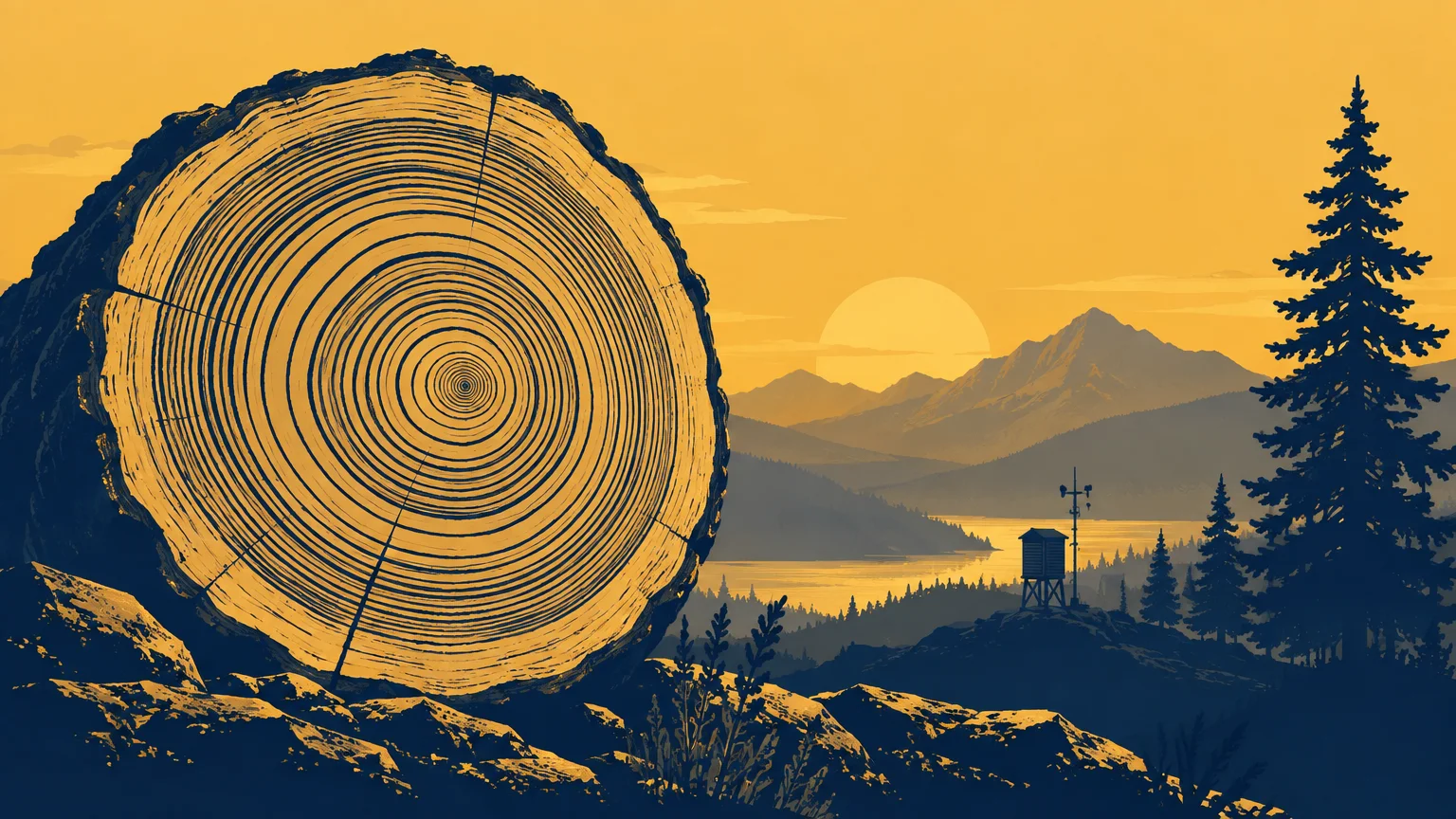 Duotone editorial illustration of a large cut tree trunk with sharply visible growth rings beside a mountain lake at sunset, with dark evergreen silhouettes and a small weather-monitoring tower in the distance.