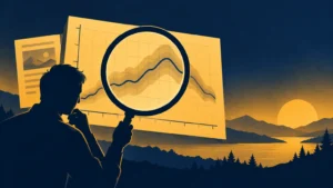 Duotone illustration of a silhouetted person examining a large line graph with a magnifying glass against a sunset mountain landscape.
