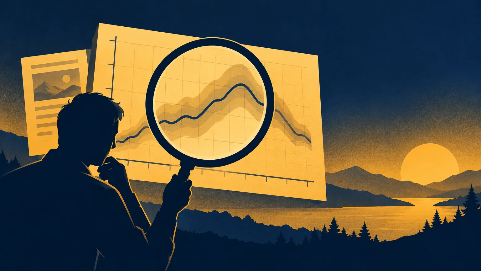 Duotone illustration of a silhouetted person examining a large line graph with a magnifying glass against a sunset mountain landscape.