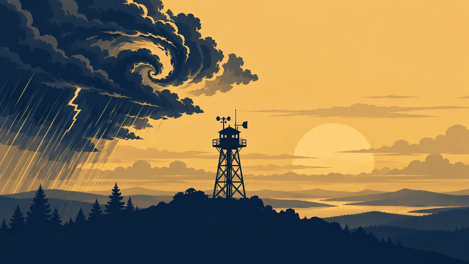Duotone illustration of a weather-monitoring tower on a dark forested ridge beneath a large swirling storm cloud with rain and lightning, contrasted with a glowing low sun over layered hills and water.