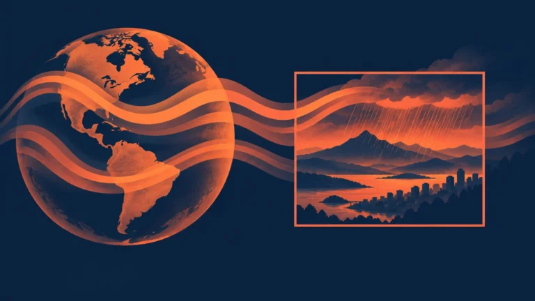 Duotone orange and navy illustration of a globe with flowing bands leading into a framed regional scene of rain clouds, mountains, water, and a city skyline.