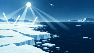 Blue-toned illustration of Arctic sea ice breaking into floating pieces beside dark open water, with a bright sun, broad light rays, three upward arrows, distant mountains, and a small satellite overhead.