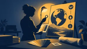 Duotone navy and gold illustration of a person examining color swatches beside a large environmental poster with a globe, landscape, and sustainability icons; paper stacks, a rolled print, and a QR code sit on the desk.
