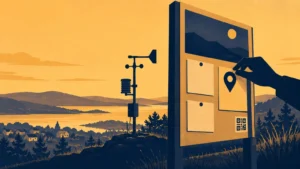 Duotone editorial illustration of a weather station beside a public display board overlooking a lakeside town and hills at sunset, with a hand placing a location pin on the board.