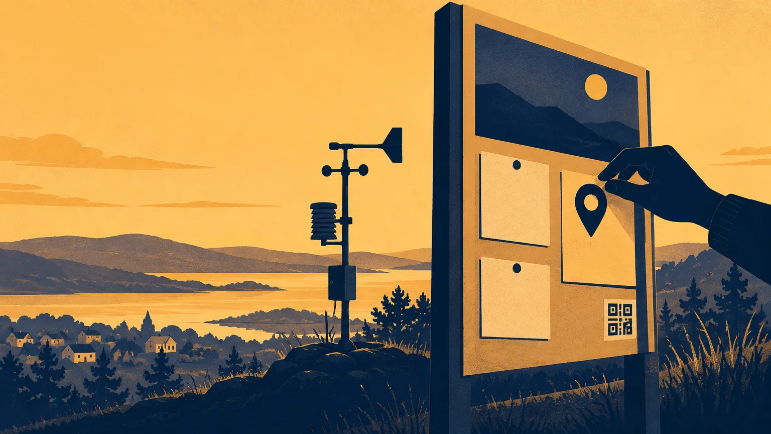 Duotone editorial illustration of a weather station beside a public display board overlooking a lakeside town and hills at sunset, with a hand placing a location pin on the board.