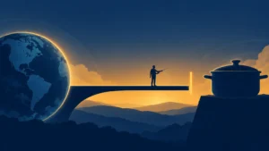 Duotone blue-and-gold illustration of a large Earth beside a bridge, where a small silhouetted person points toward a lidded cooking pot on a rocky ledge at sunset.