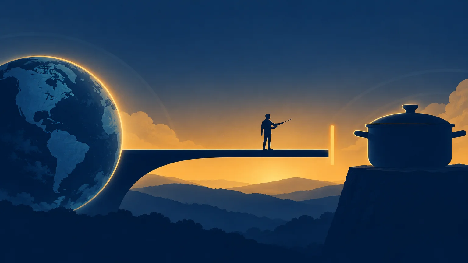 Duotone blue-and-gold illustration of a large Earth beside a bridge, where a small silhouetted person points toward a lidded cooking pot on a rocky ledge at sunset.