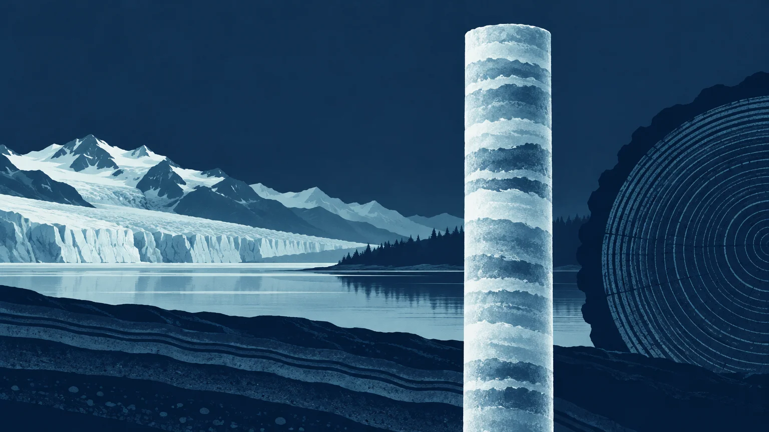 Blue duotone illustration of a glacier and mountain lake with a tall layered ice core in the center and a large cross-section of tree rings at right.