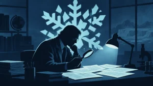 Blue-toned editorial illustration of a silhouetted researcher examining papers with a magnifying glass at a desk, framed by large snowflakes and an icy mountain landscape outside a window.