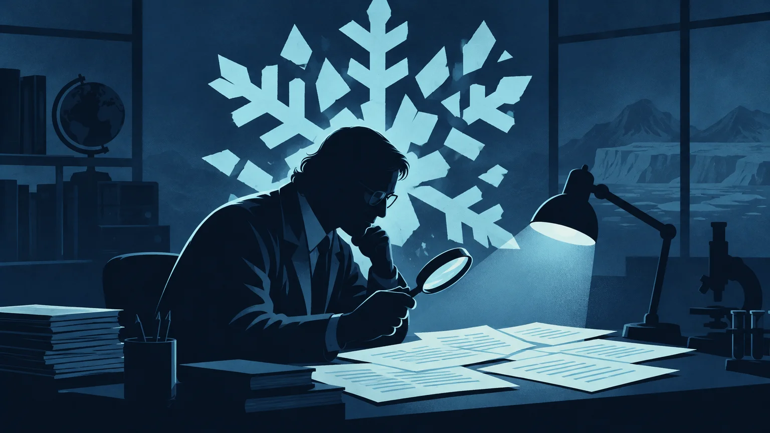 Blue-toned editorial illustration of a silhouetted researcher examining papers with a magnifying glass at a desk, framed by large snowflakes and an icy mountain landscape outside a window.