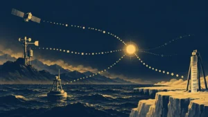 Duotone illustration of a satellite, weather instruments, ocean buoy, and Antarctic ice cliffs connected by dotted paths to a glowing central circle.