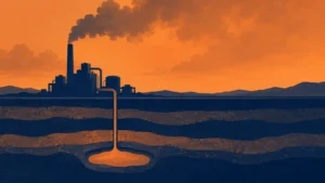 Duotone editorial illustration of a dark blue industrial plant releasing smoke into an orange sky, with a pipe carrying material underground into a deep storage chamber beneath layered earth.