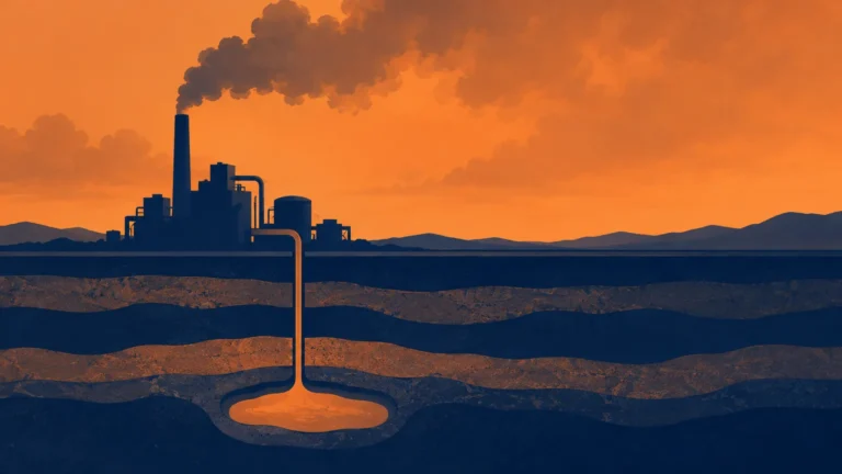 Duotone editorial illustration of a dark blue industrial plant releasing smoke into an orange sky, with a pipe carrying material underground into a deep storage chamber beneath layered earth.